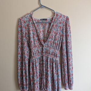 ZARA Pink Floral V-Neck Long-Sleeve Women's Top
